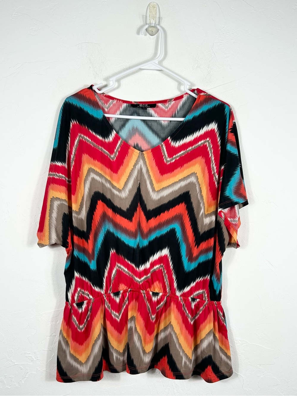 Eric Signature Chevron Ikat V-Neck Peplum Blouse Top XL Boho